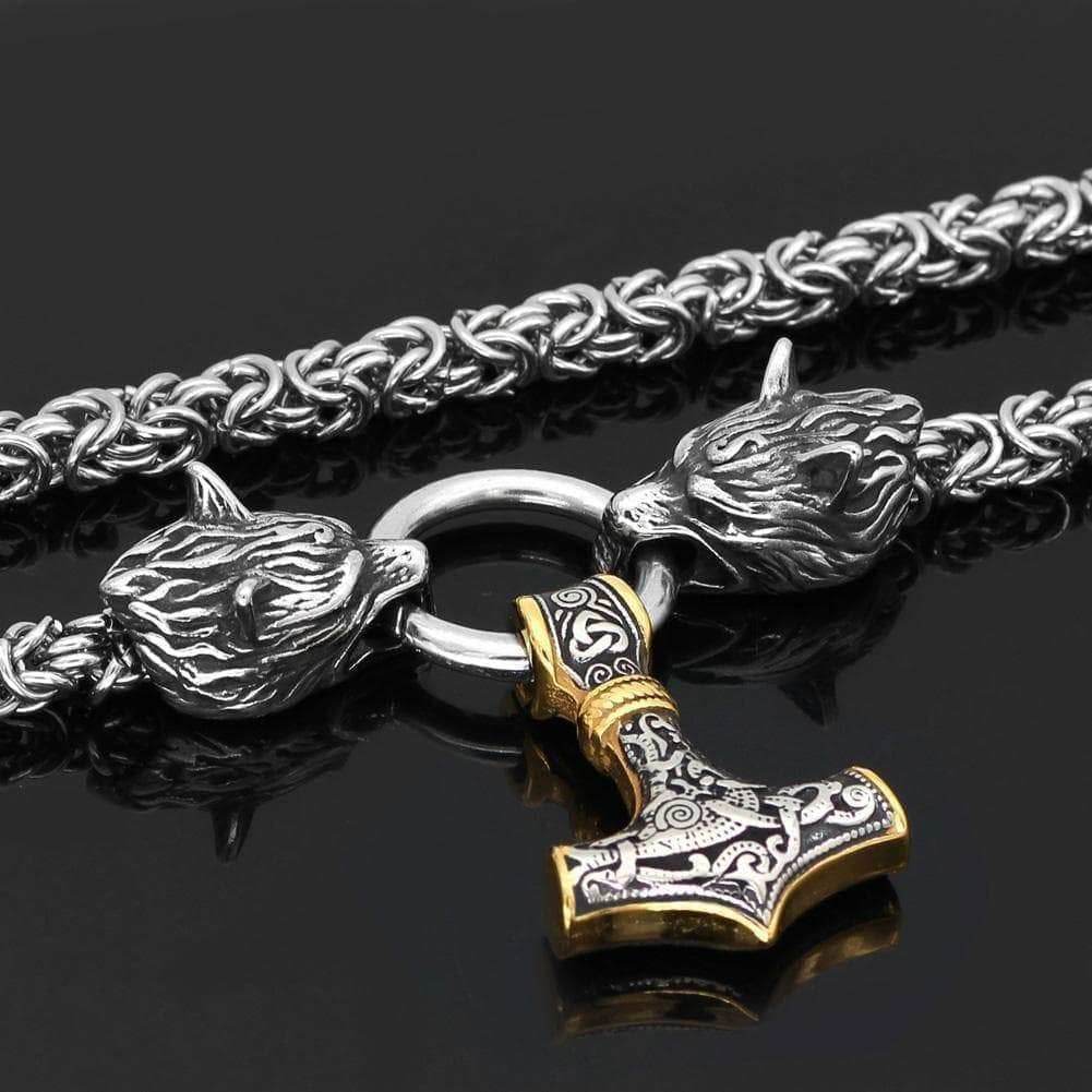 Vikings Wolf Head Mjolnir King Chain Stainless Steel Necklace - 50CM / 20 Inches