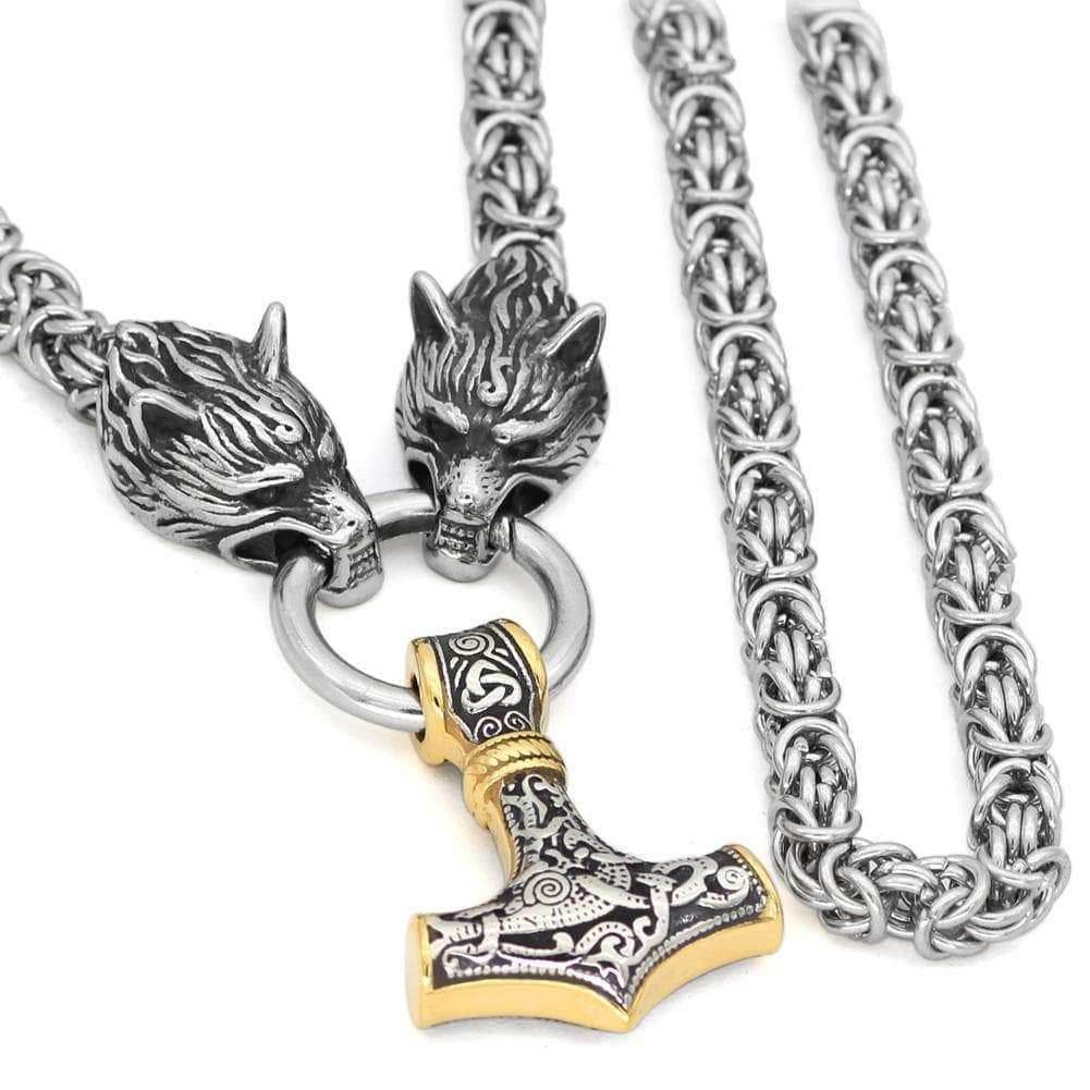 Vikings Wolf Head Mjolnir King Chain Stainless Steel Necklace - 50CM / 20 Inches
