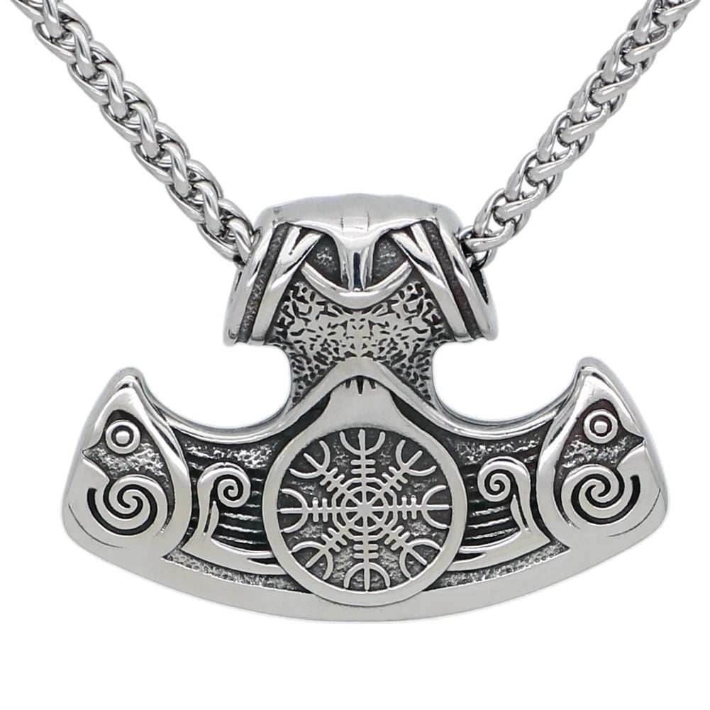 Vikings Axe and Helm of Awe Stainless Steel Necklace - 