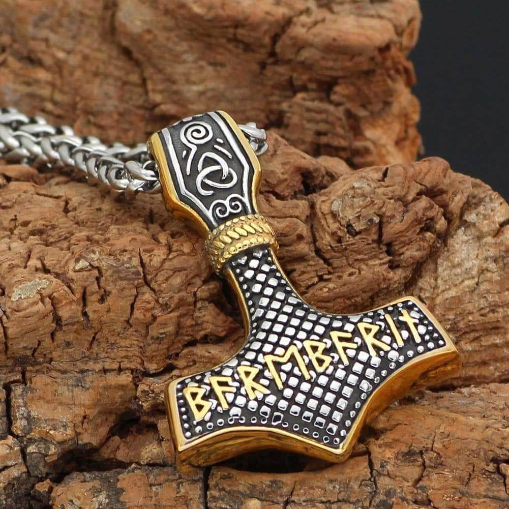 Vikings Mjolnir with Runic Alphabet & Viking Symbols Pendant & Necklace - Gold-Silver Plating / Pendant and Necklace