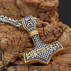 Vikings Mjolnir with Runic Alphabet & Viking Symbols Pendant & Necklace - Gold-Silver Plating / Pendant and Necklace