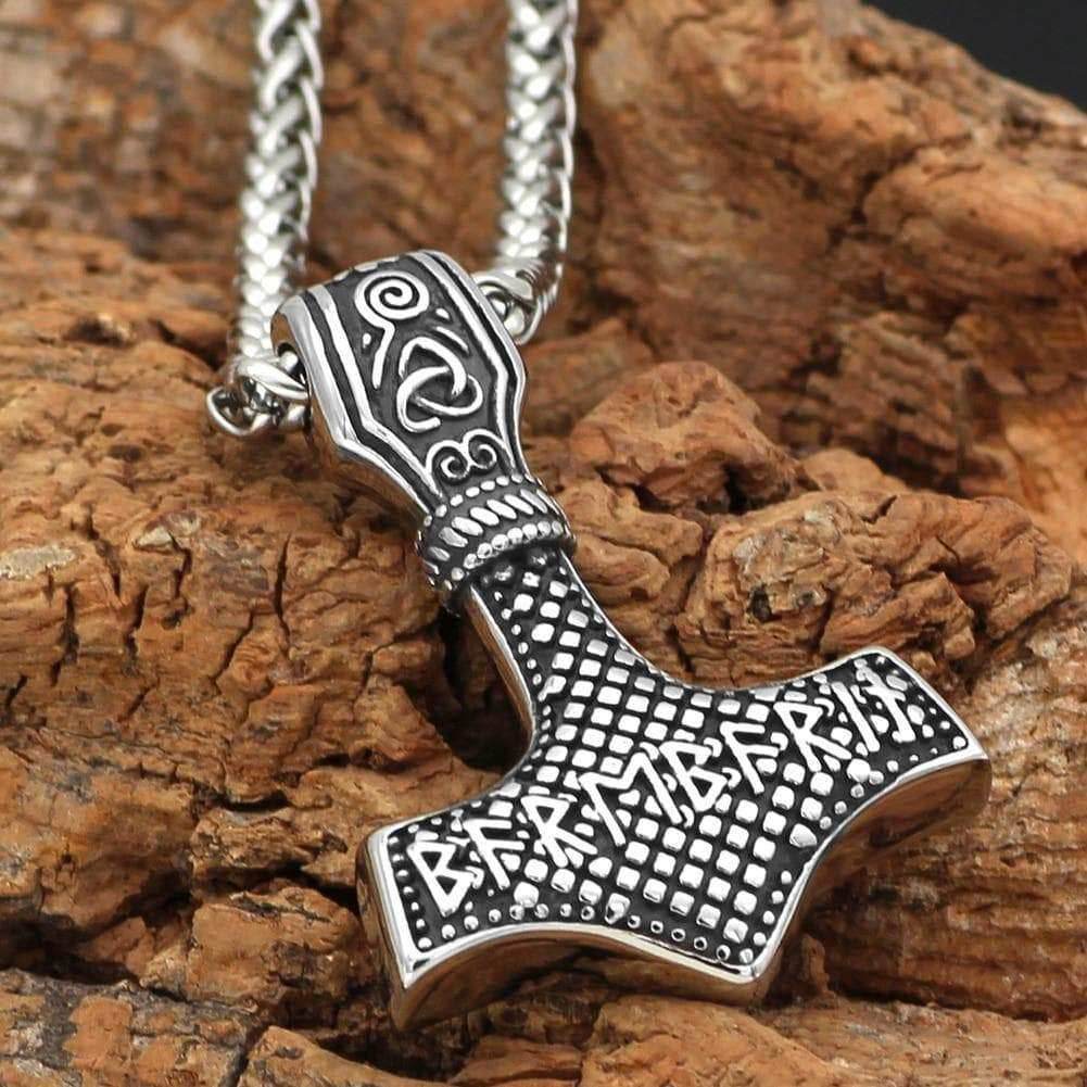 Vikings Mjolnir with Runic Alphabet & Viking Symbols Pendant & Necklace - Silver Plating / Pendant and Necklace