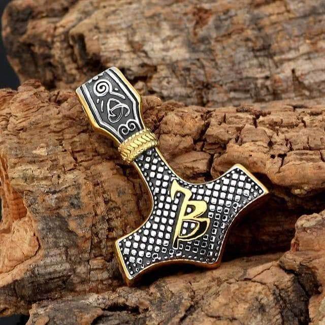 Vikings Mjolnir with Runic Alphabet & Viking Symbols Pendant & Necklace - Gold-Silver Plating / Pendant Only