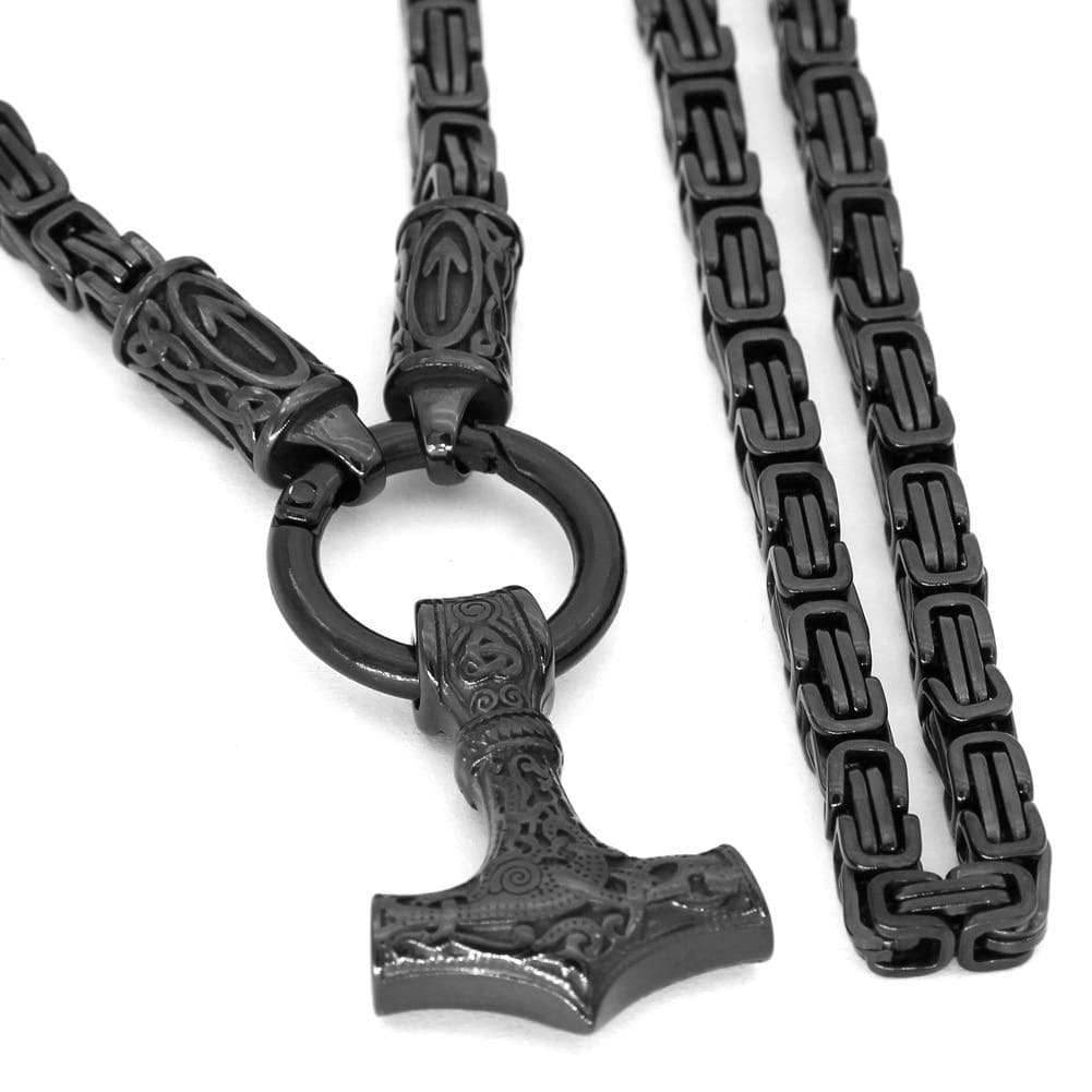 Vikings Skane Thor's Hammer Pendant with Runic King Chain - 50CM
