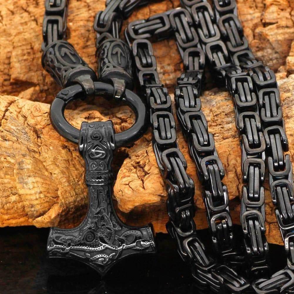 Vikings Skane Thor's Hammer Pendant with Runic King Chain - 50CM