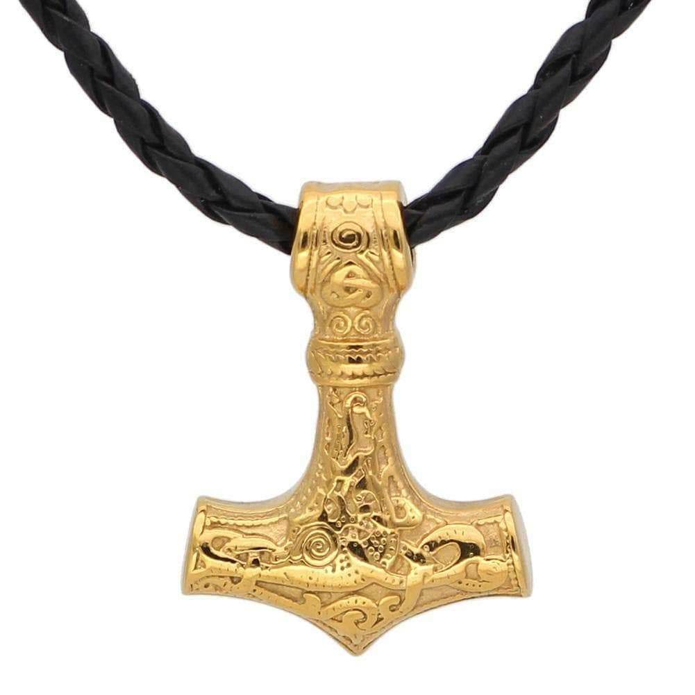 Vikings Golden Mjolnir Stainless Steel Necklace - With Leather Cord