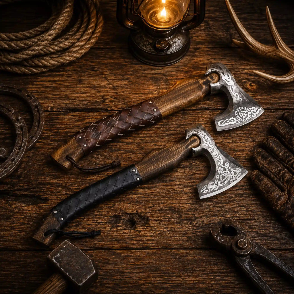 Personalized Norse & Celtic Engraved Bearded Camping Axe with Leather Sheath