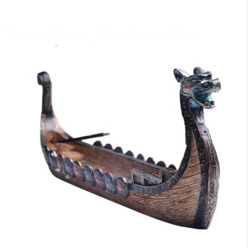 Retro Carving Viking Dragon Boat Incense Stick Holder - 