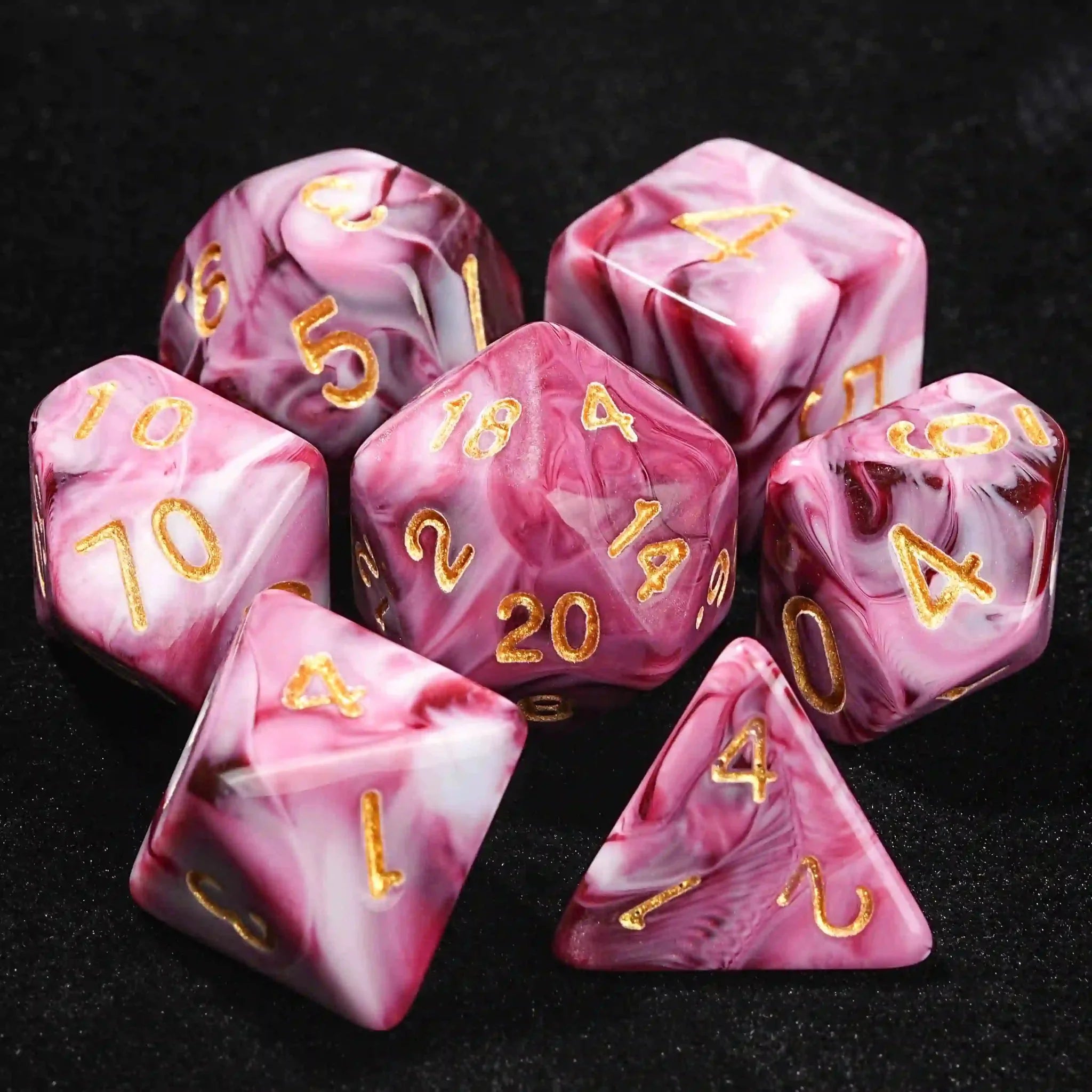 Pink marble texture acrylic DND dice set + gold number