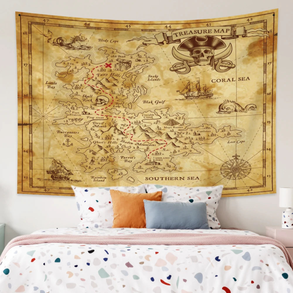 Pirate Theme Skeleton Tapestry Wall Hanging Treasure Map Tapestry Decoration Art for Bedroom Living Room Dorm Home Decor