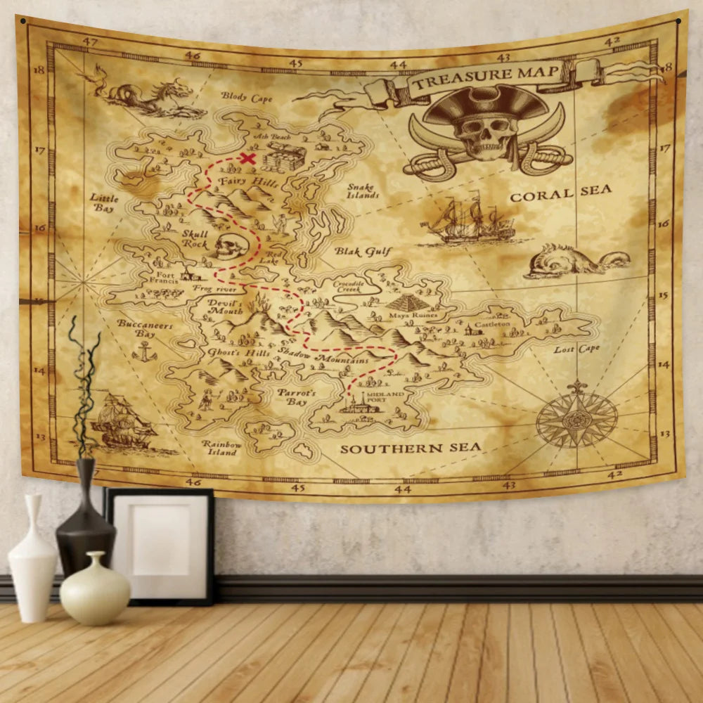 Pirate Theme Skeleton Tapestry Wall Hanging Treasure Map Tapestry Decoration Art for Bedroom Living Room Dorm Home Decor