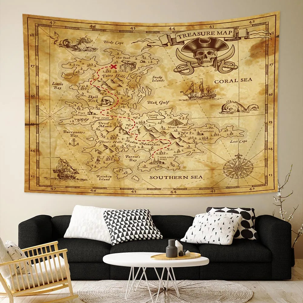 Pirate Theme Skeleton Tapestry Wall Hanging Treasure Map Tapestry Decoration Art for Bedroom Living Room Dorm Home Decor