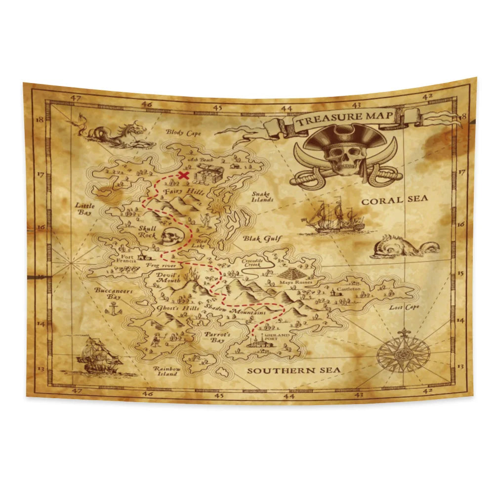 Pirate Theme Skeleton Tapestry Wall Hanging Treasure Map Tapestry Decoration Art for Bedroom Living Room Dorm Home Decor