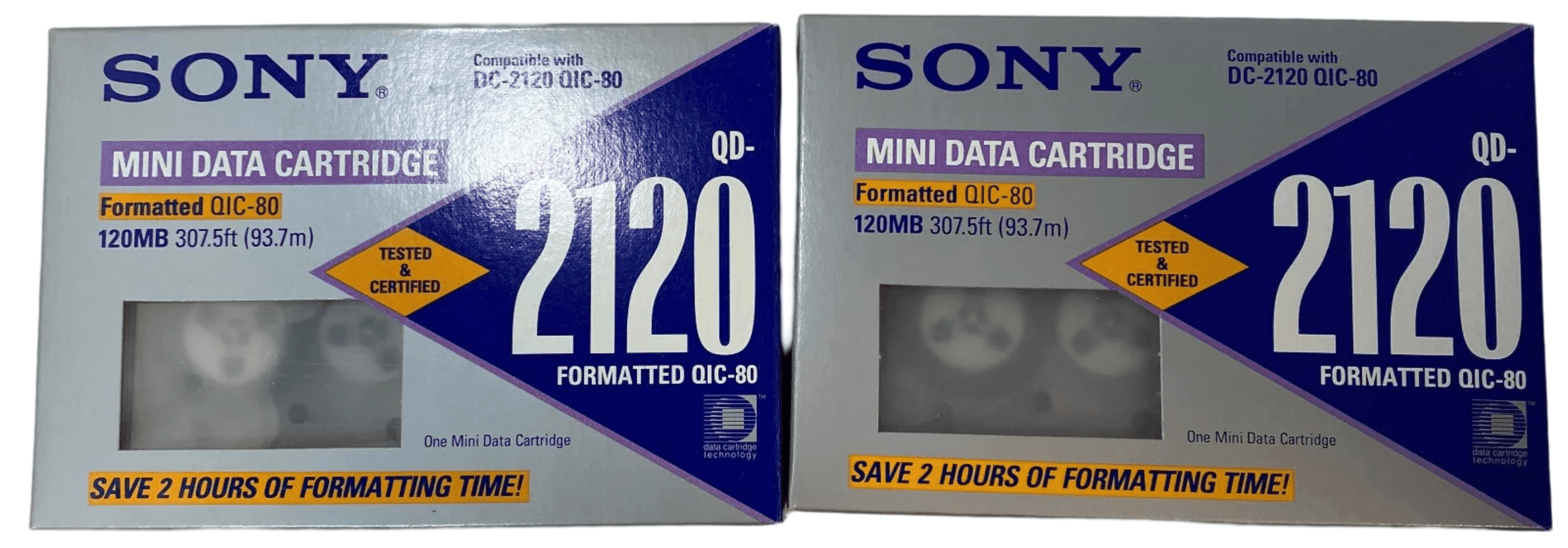 Lot of 2 Sony QD-2120 Formatted QIC-80 Mini Data Cartridge, 120MB, NEW - 