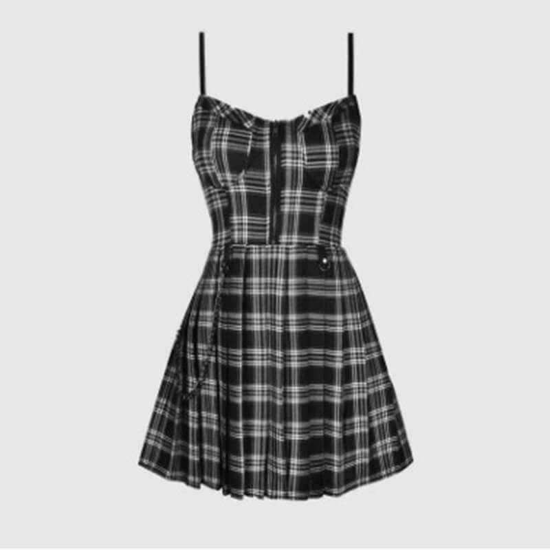 Plaid Chain Zipper Pleated Slip Mini Dress - Gray / XS (Bust 78-82 cm)
