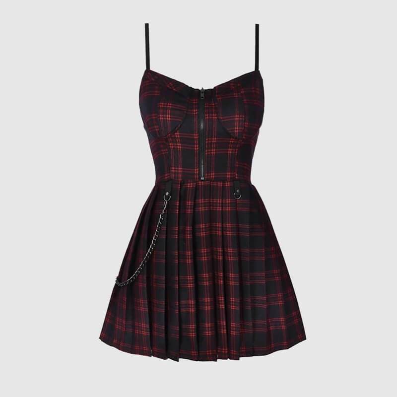 Plaid Chain Zipper Pleated Slip Mini Dress - Red / XS (Bust 78-82 cm) - Back Order