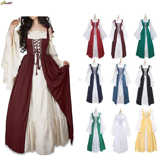 Plus Size Medieval Dress Women Renaissance Gothic Long Maxi Retro Vestido Victorian Lace Up Paty Ball Gown Two Piece Set S-5XL