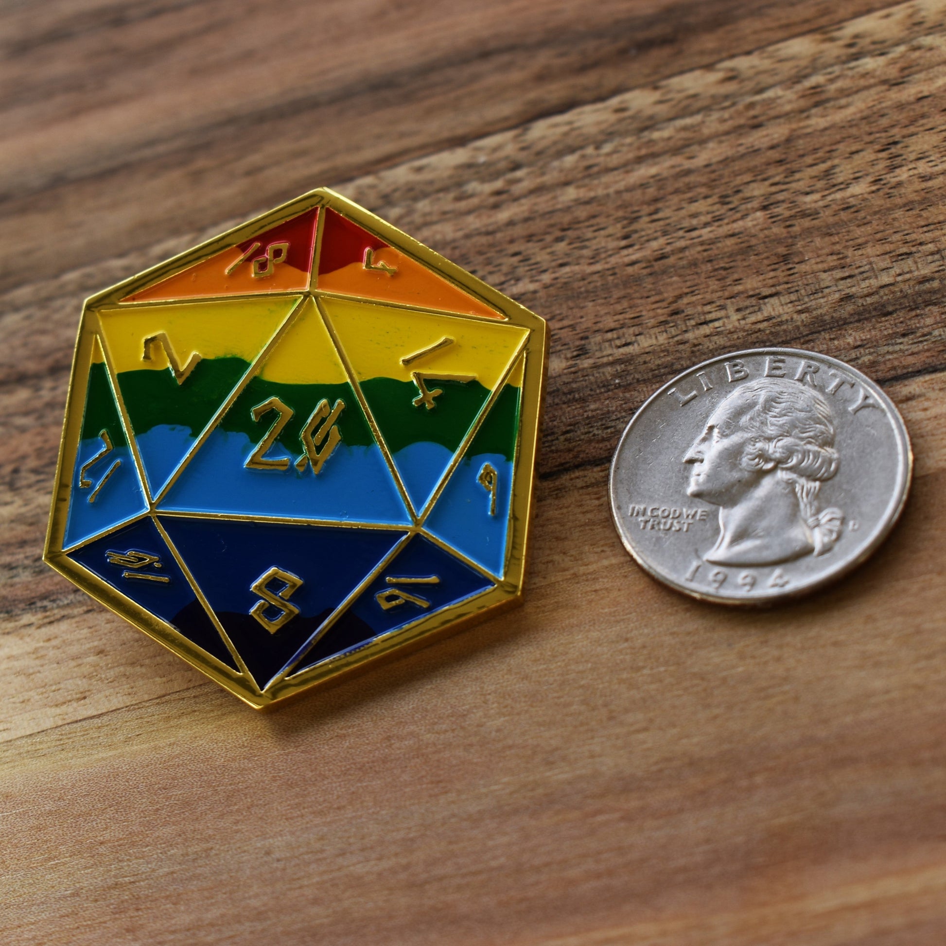 Pride and Gold Rainbow D20 Pin (Large)