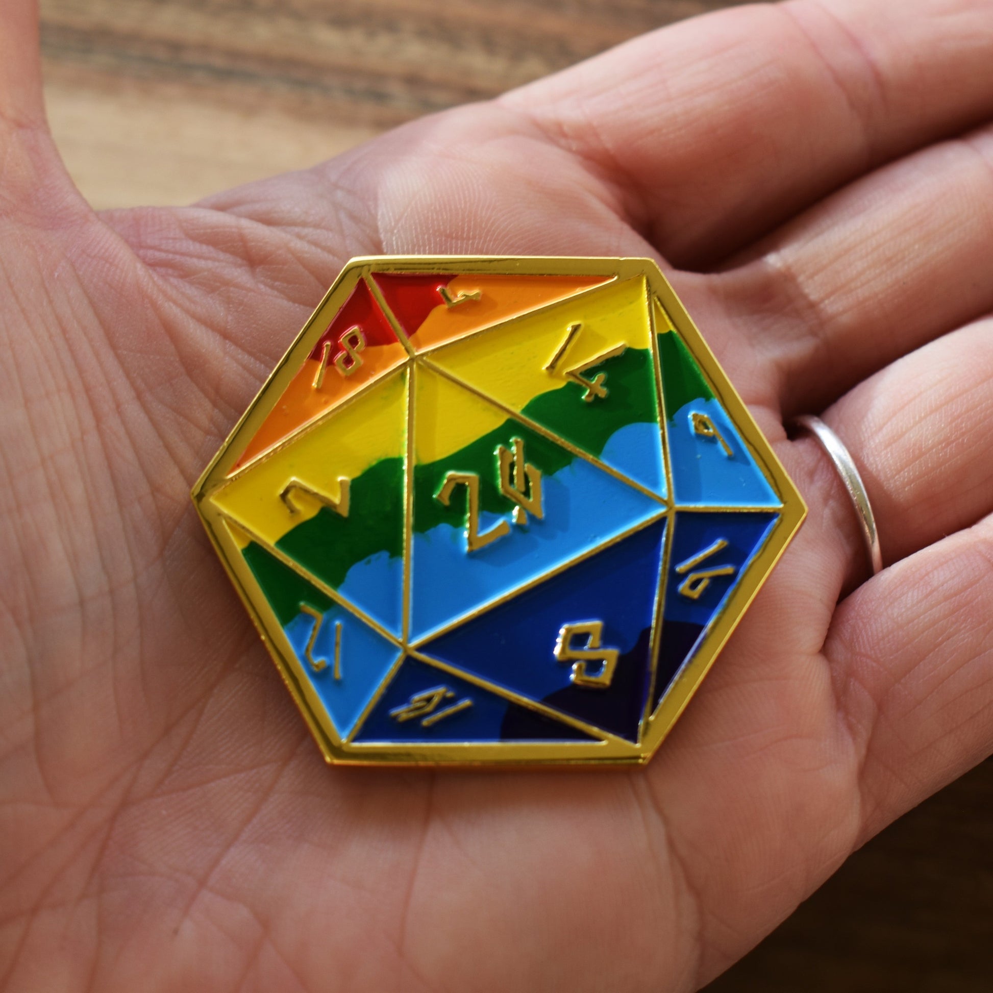 Pride and Gold Rainbow D20 Pin (Large)