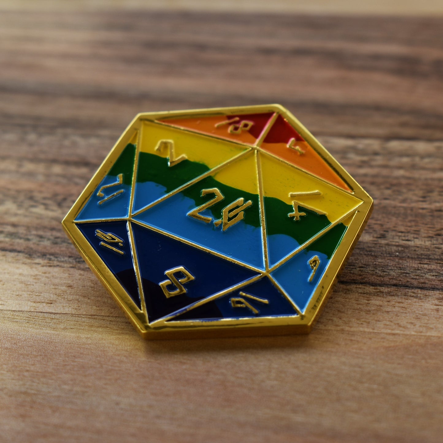 Pride and Gold Rainbow D20 Pin (Large)