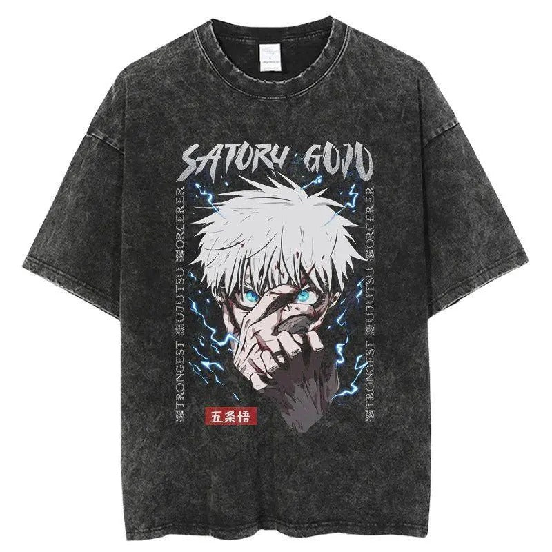 Printed T-shirt Retro Hiphop Anime Character Satoru Gojo T-shirt Loose Cotton Summer