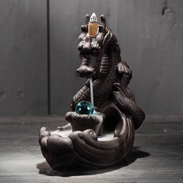 Pearl Guarding Dragon Backflow Incense Burner - Brown