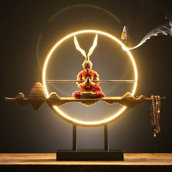 Monkey King Mountain Backflow Incense Burner With Led Lamp - Red