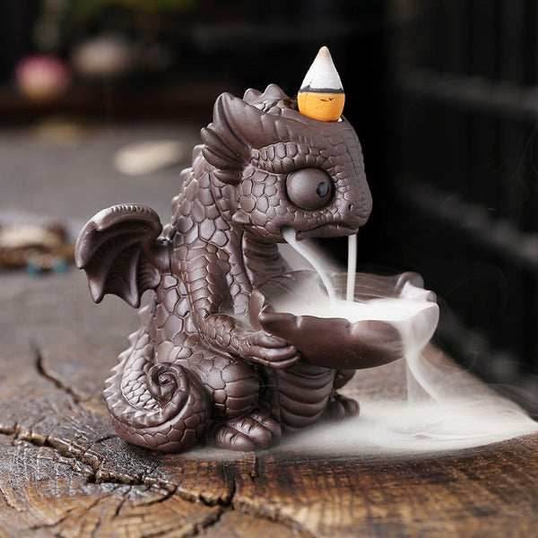 Cute Dragon Waterfall Backflow Incense Burner - Brown