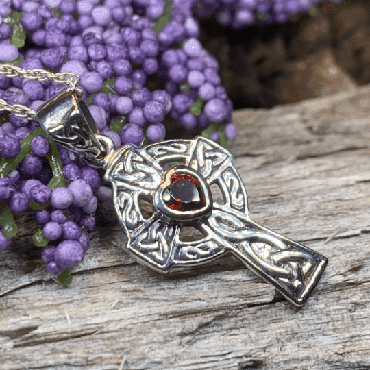 Celtic Cross Heart Necklace - Garnet