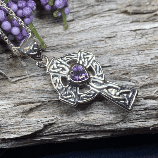 Celtic Cross Heart Necklace - Amethyst