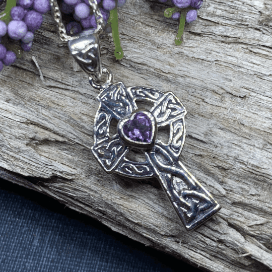 Celtic Cross Heart Necklace - Amethyst
