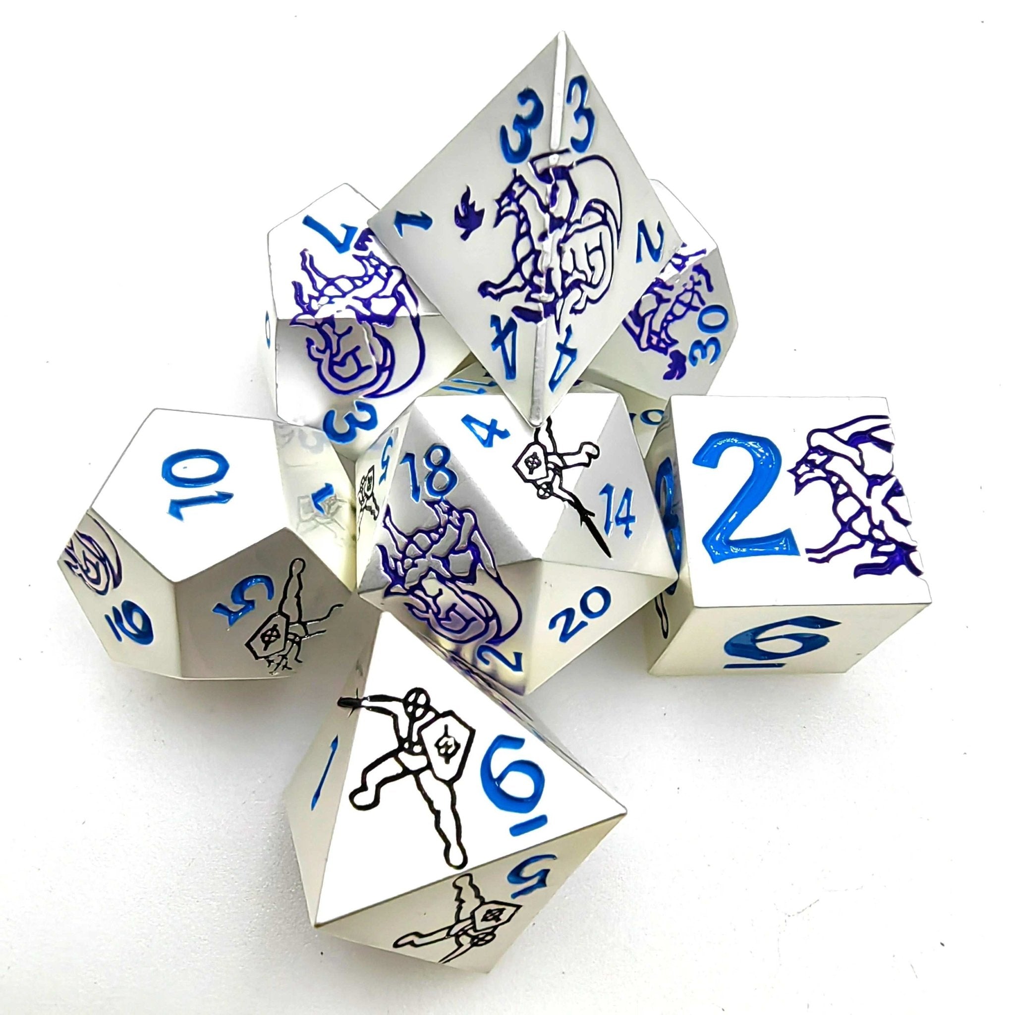 Purple Dragon and Black Warrior White Metal Solid DND Dice Set + Blue Font