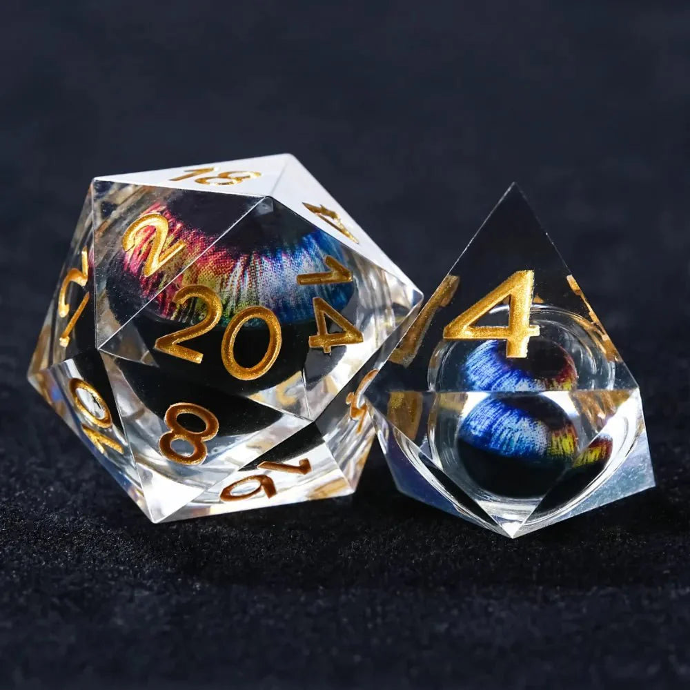 Purple transparent resin liquid core dragon eye DND dice set + Blue Font