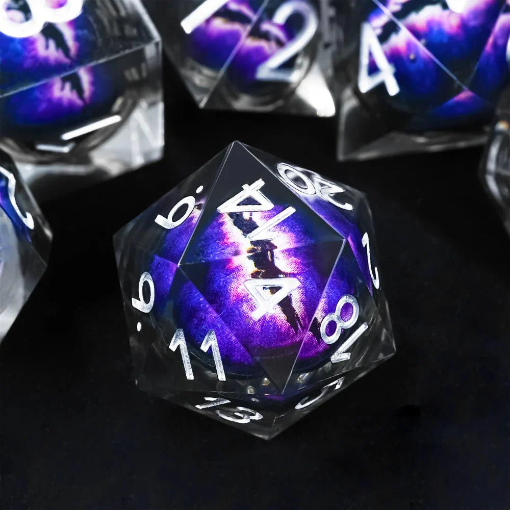 Purple transparent resin liquid core dragon eye DND dice set + Blue Font