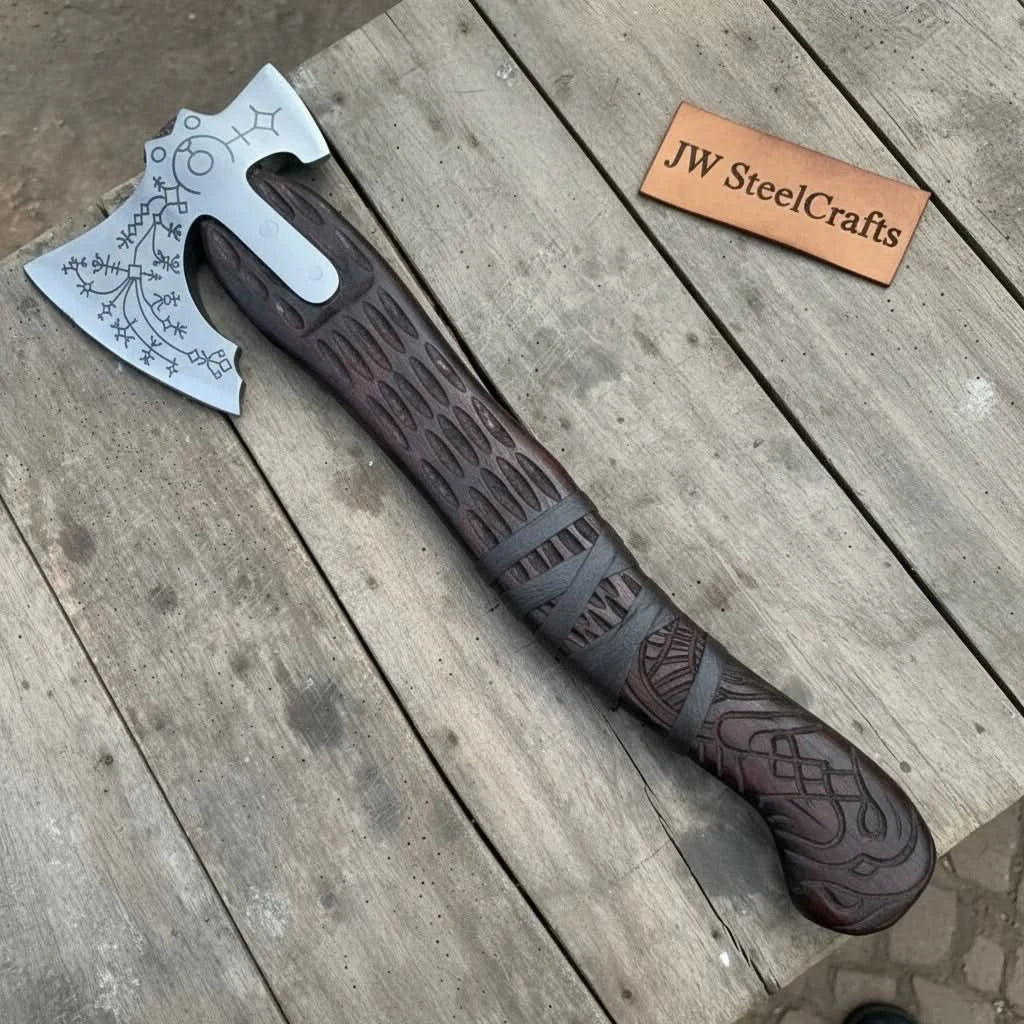 Hand Engraved Viking Double-Bit Axe with Carved Hardwood Handle and Norse Rune Detailing | Handmade Damascus Steel Collector Axe | JW SteelCrafts