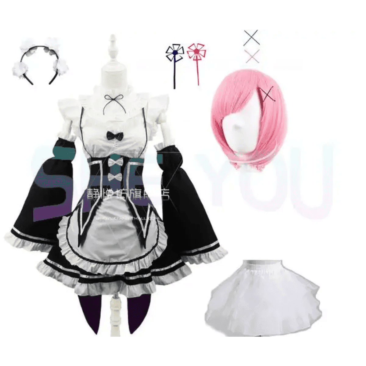 Ram Rem Cosplay Costume - Re:Zero Kara Hajimeru Isekai Seikatsu - Black Maid Outfit - Package 10 / S