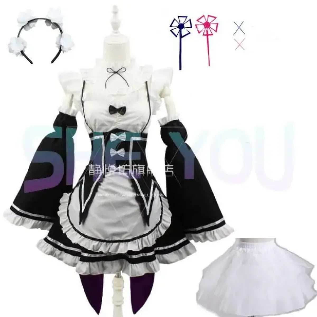 Ram Rem Cosplay Costume - Re:Zero Kara Hajimeru Isekai Seikatsu - Black Maid Outfit - Package 7 / S