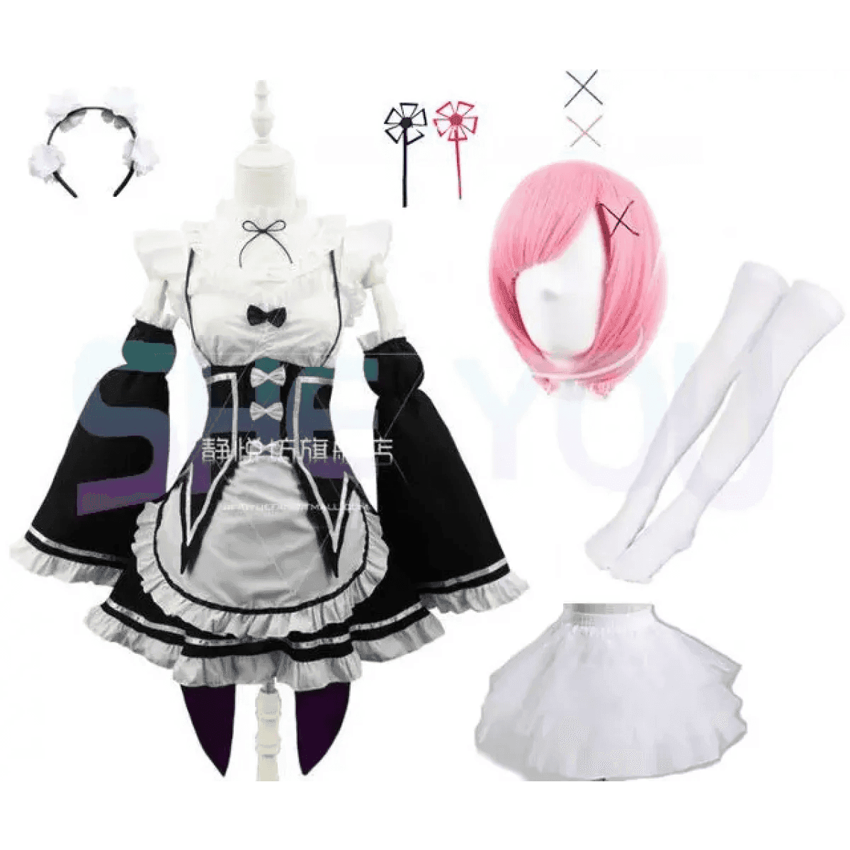 Ram Rem Cosplay Costume - Re:Zero Kara Hajimeru Isekai Seikatsu - Black Maid Outfit - Package 12 / S