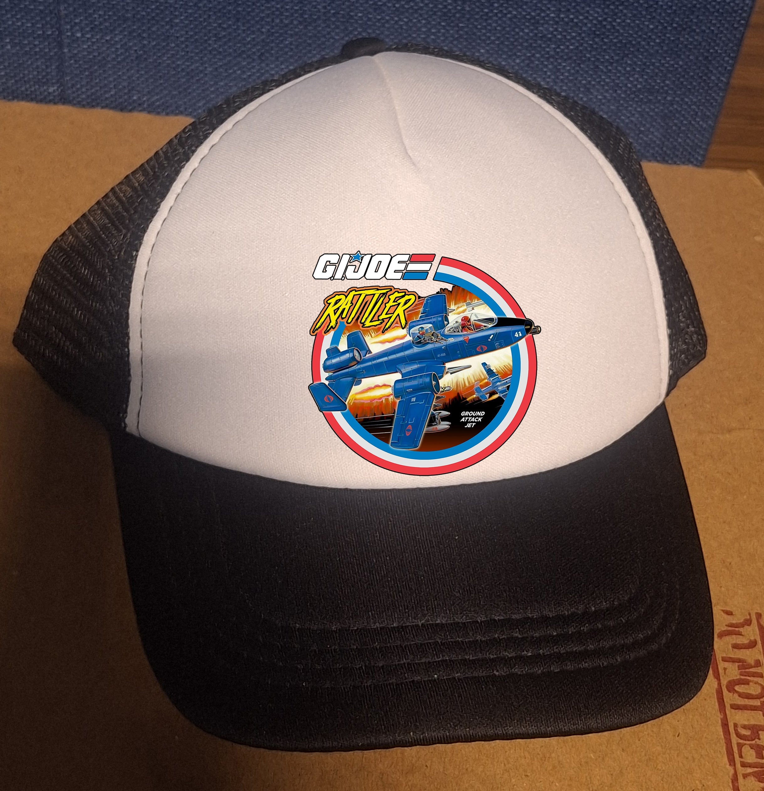 Adjustable Trucker Baseball Cap Featuring GI Joe Cobra Rattler Jet Plane Design