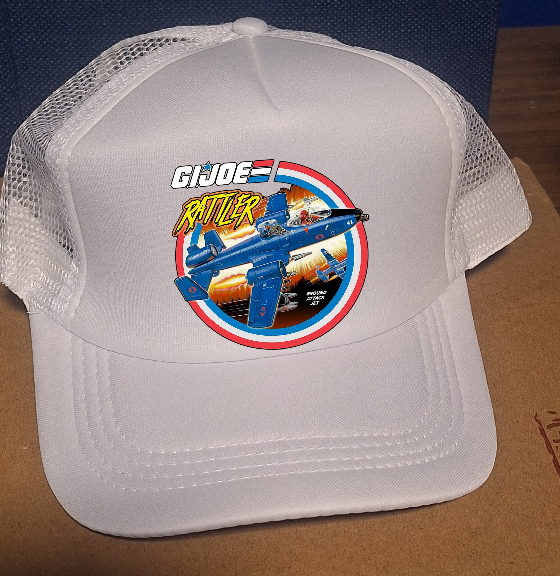 Adjustable Trucker Baseball Cap Featuring GI Joe Cobra Rattler Jet Plane Design
