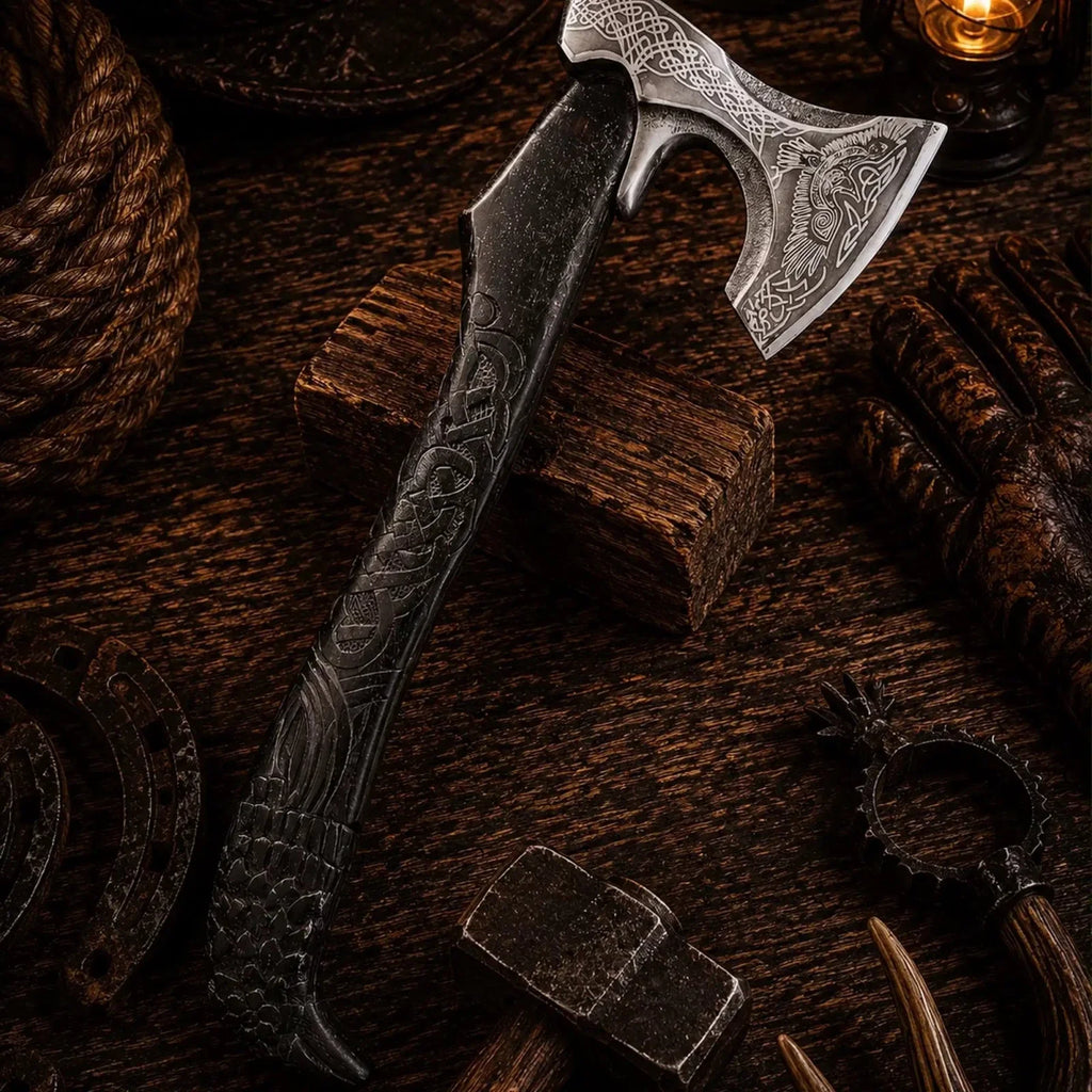 Raven Viking Axe – 1095 Carbon Steel with Hand Carved Ash Handle