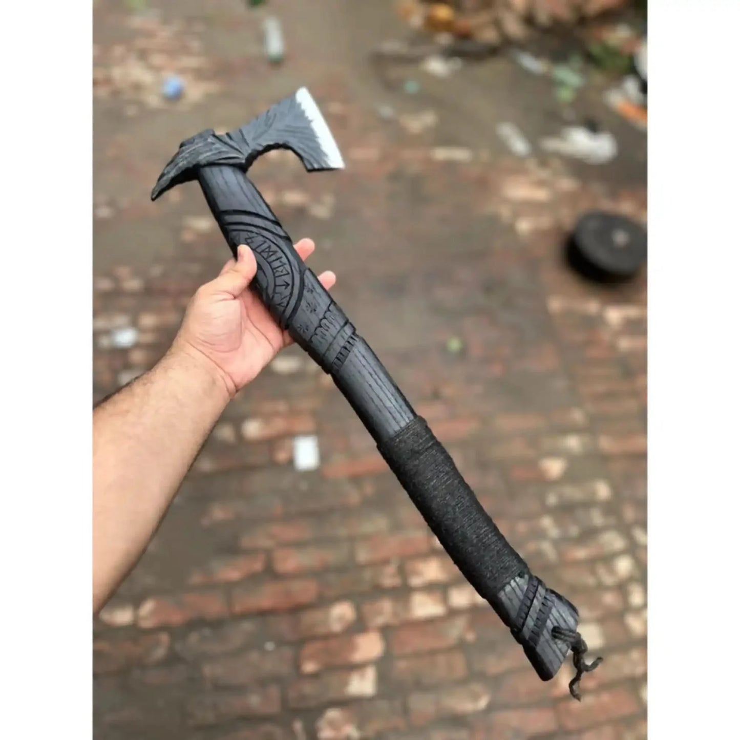 Viking-Style Hand-Carved Battle Axe | Blackened Wood Handle & Leather Sheath