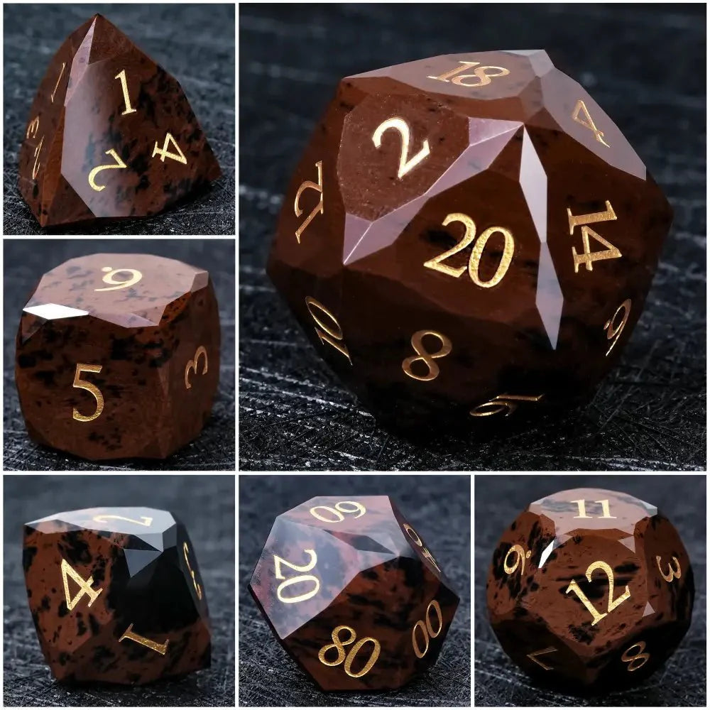 Reddish-brown Natural Gemstone DND Dice Set | Diamond Cut Gold Font RPG Dice