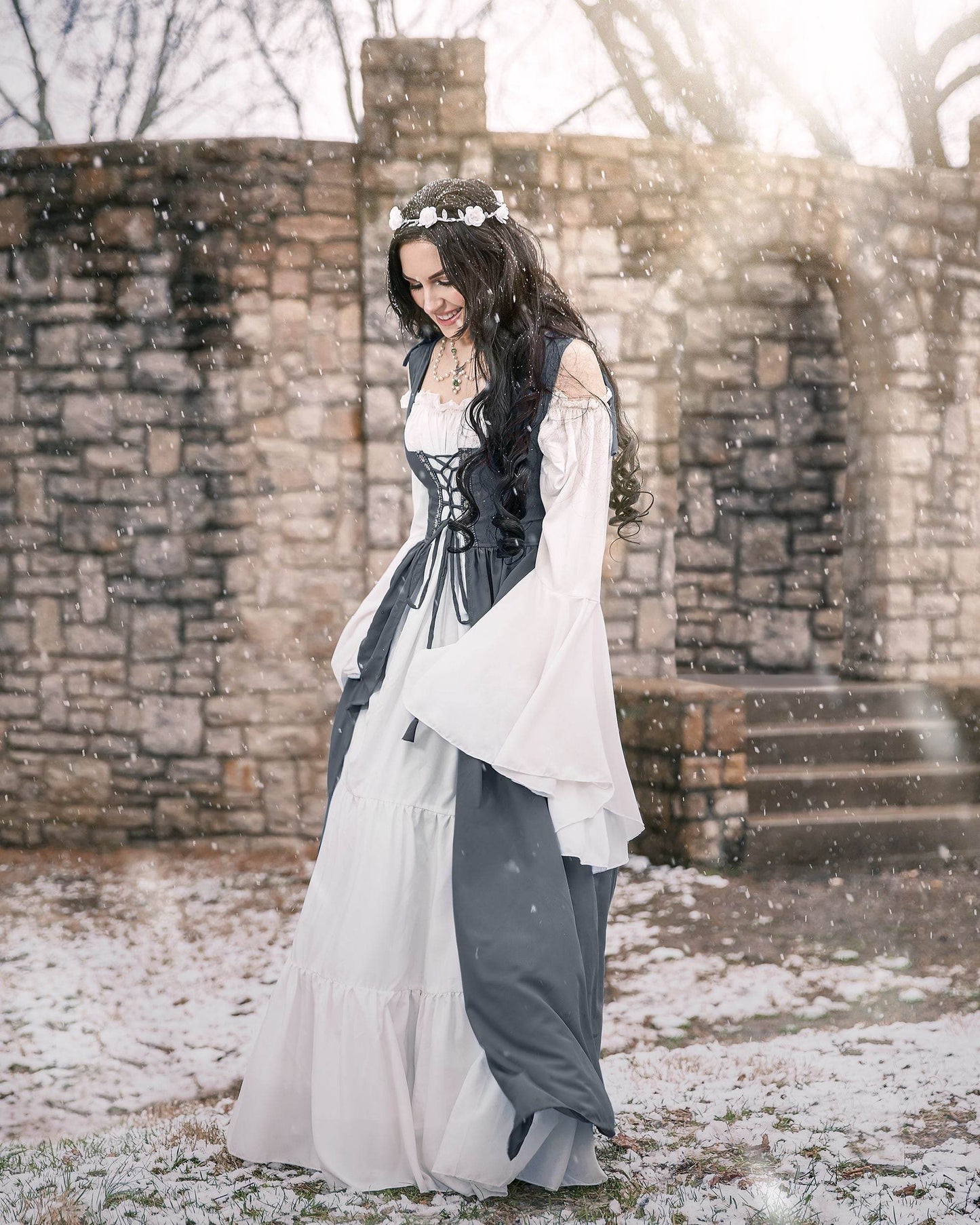 Renaissance Faire 2 piece Full Costume Irish Dress & Long-Sleeved Chemise - XXS/XS / Charcoal