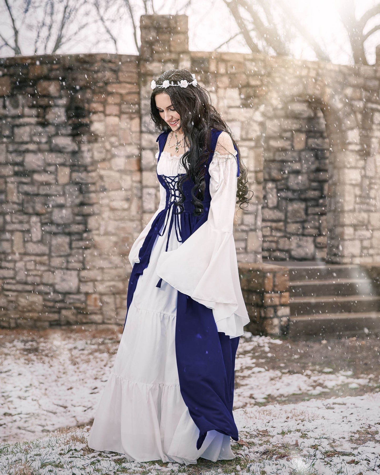 Renaissance Faire 2 piece Full Costume Irish Dress & Long-Sleeved Chemise - XXS/XS / Indigo