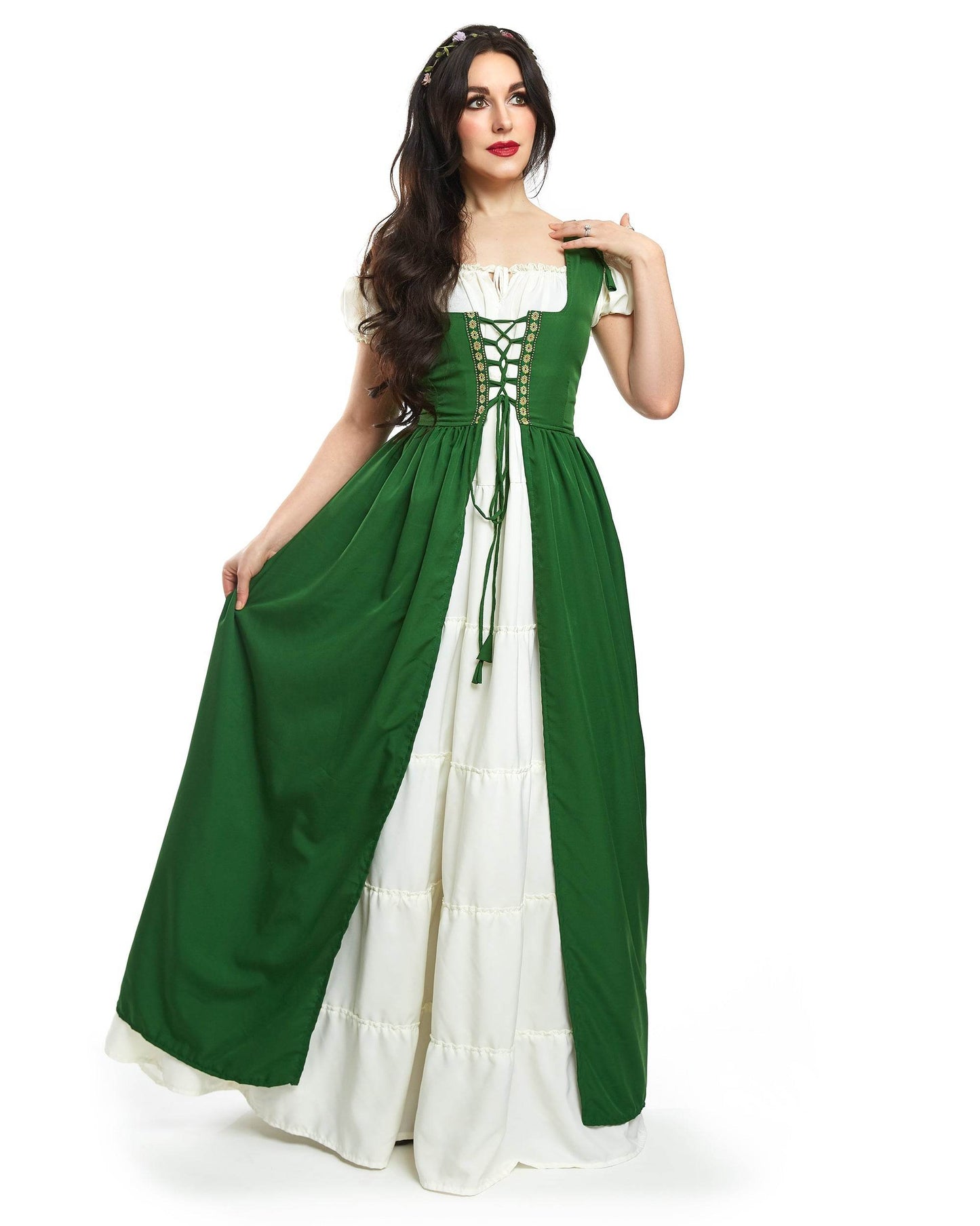 Renaissance Faire Dress Medieval Costume Irish Boho Full Costume - XXS/XS / Hunter Green