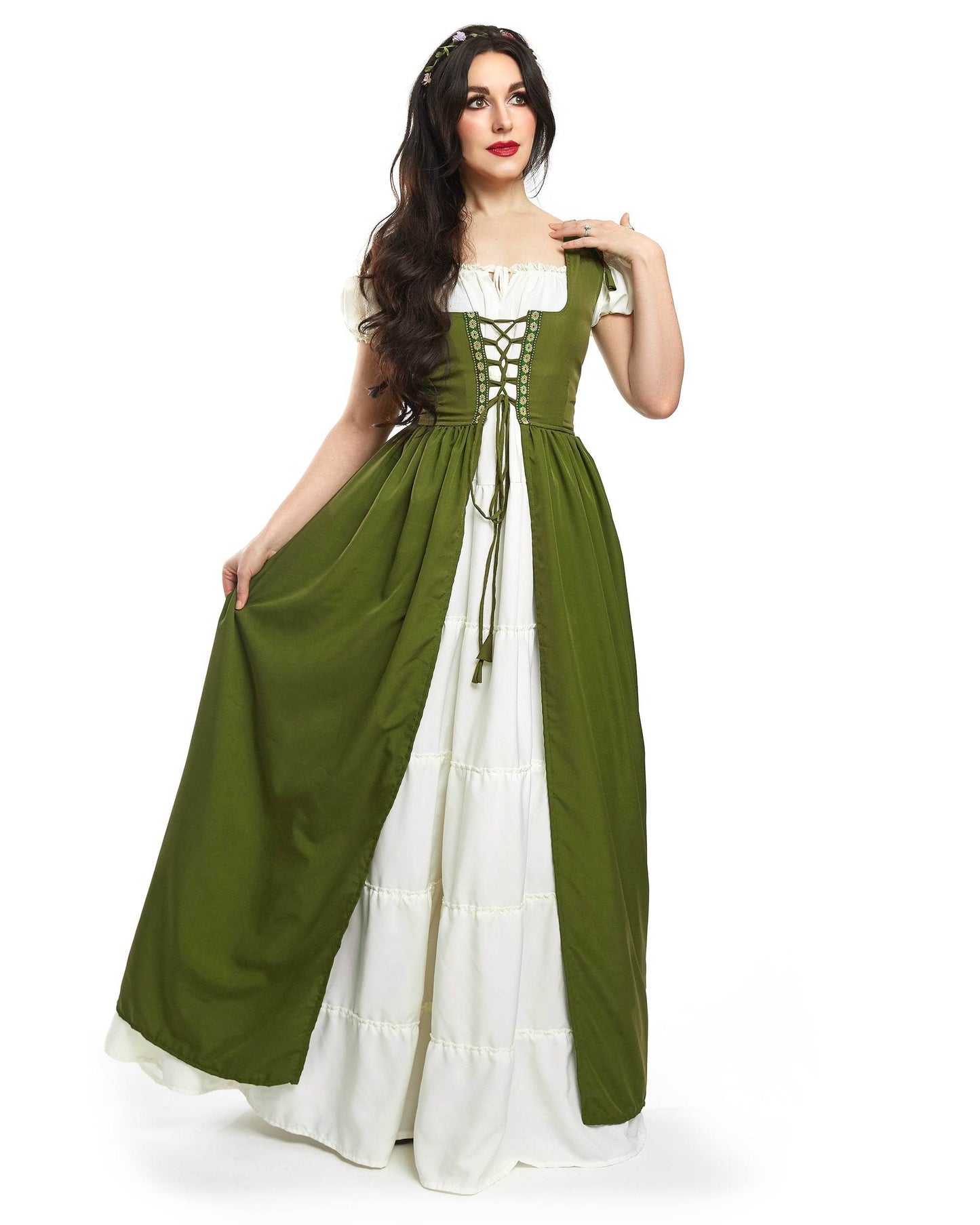 Renaissance Faire Dress Medieval Costume Irish Boho Full Costume - XXS/XS / Olive Green