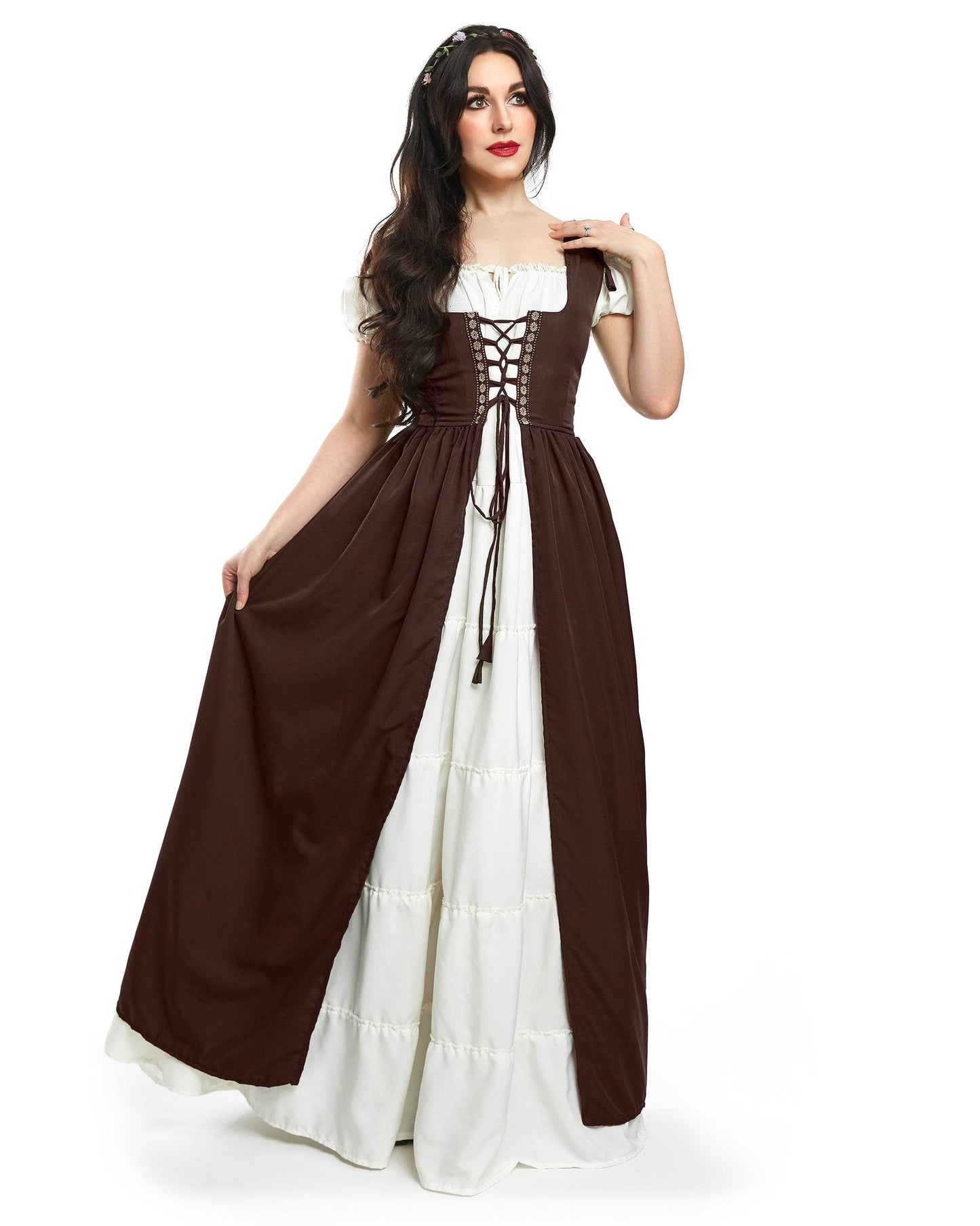 Renaissance Faire Dress Medieval Costume Irish Boho Full Costume - XXS/XS / Truffle