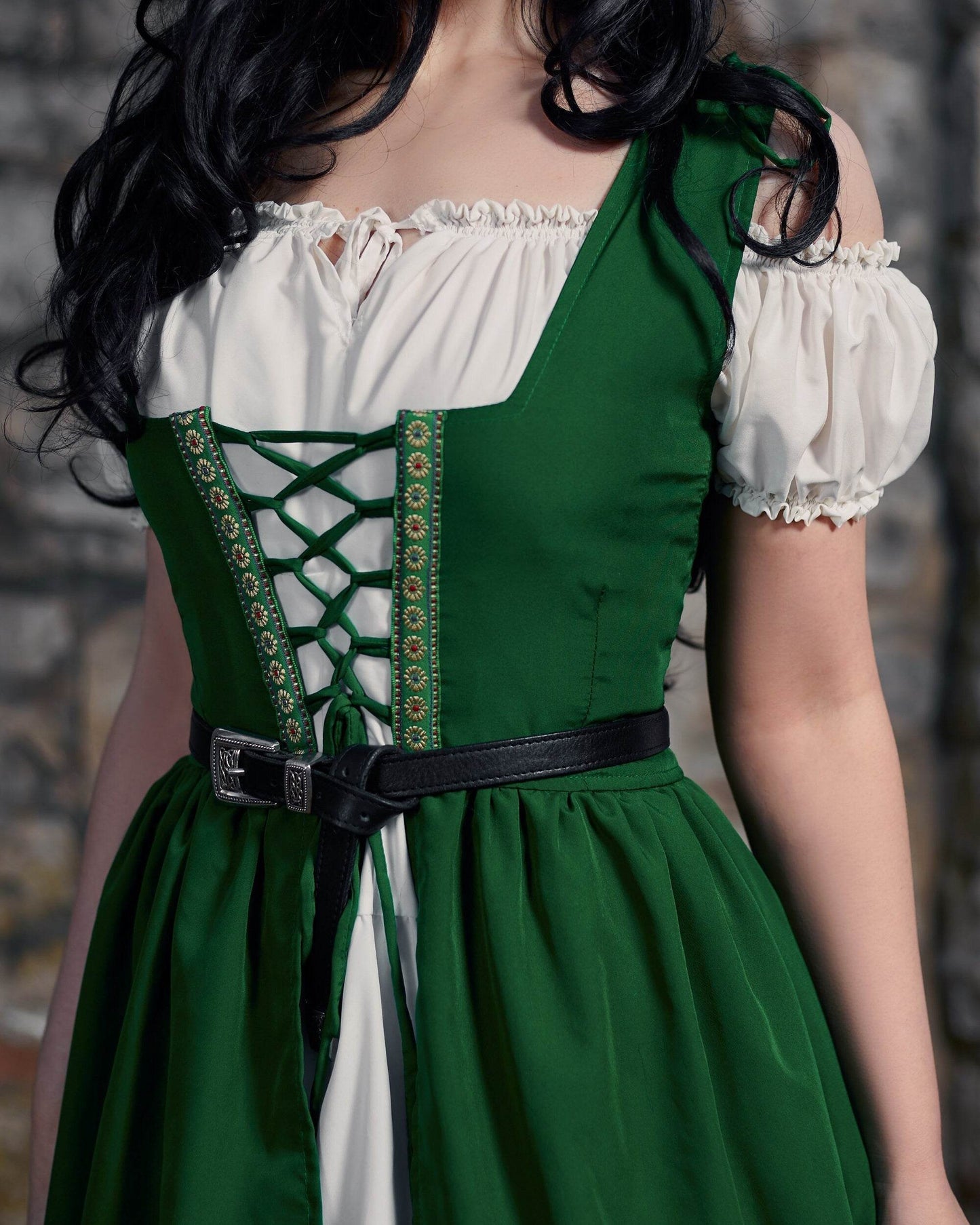 Renaissance Faire Layered Full Costume Fitted Lace-up Irish Dress with Capped Sleeve Chemise - Indigo Blue / XXS/XS