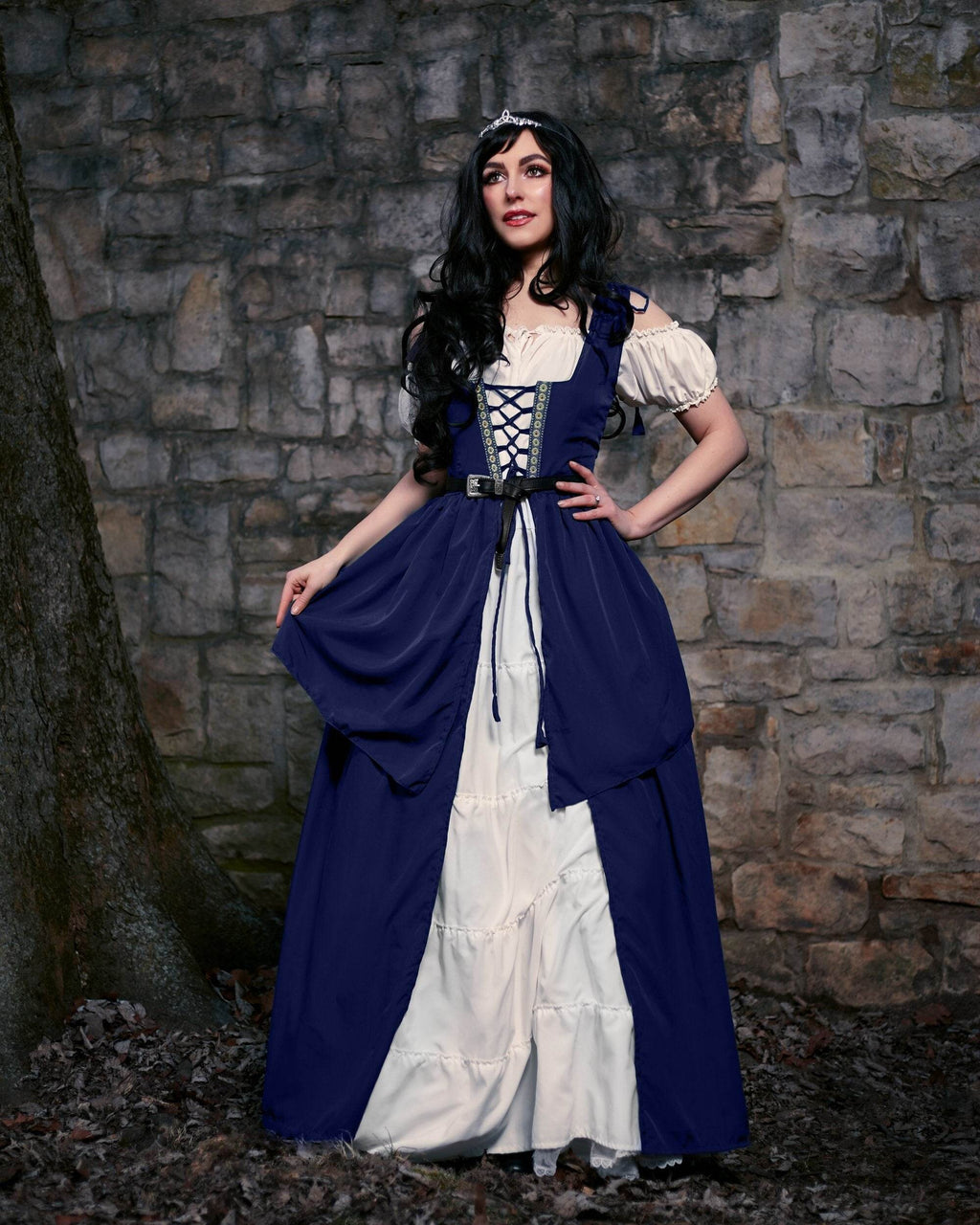 Renaissance Faire Layered Full Costume Fitted Lace-up Irish Dress with Capped Sleeve Chemise - Indigo Blue / XXS/XS